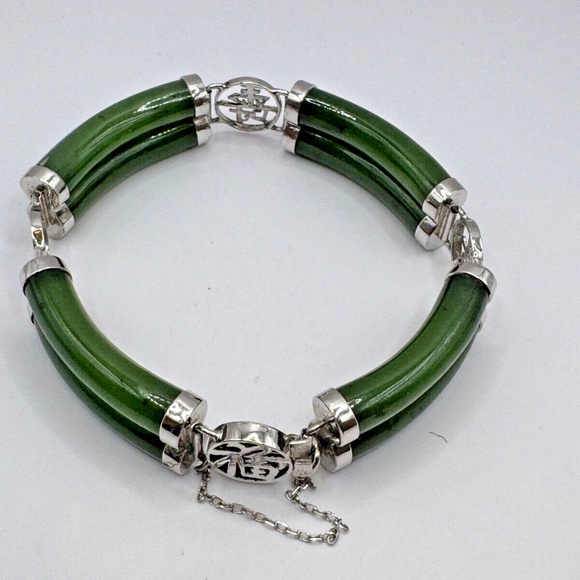 8" long 14mm wide Nephrite Jade and Sterling Silver Bracelet - Picture 1 of 4